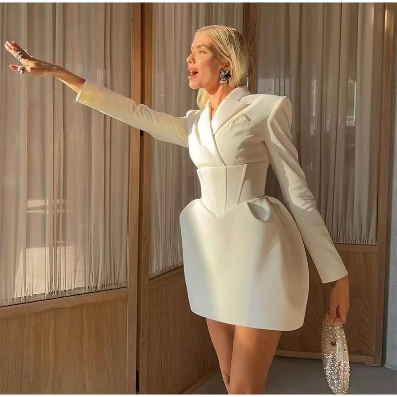 Elegant High Waist Short Blazer Lapel Slim Fit Mini Dress