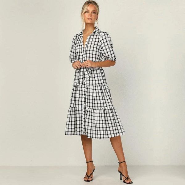 Elegant High Waist Short Sleeve Midi Dress