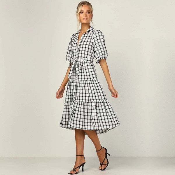 Elegant High Waist Short Sleeve Midi Dress