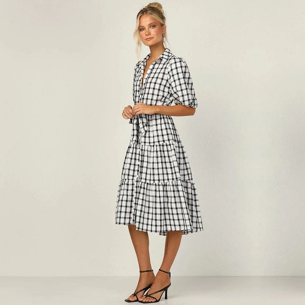 Elegant High Waist Short Sleeve Midi Dress
