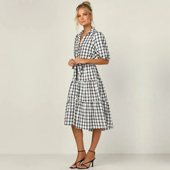 Elegant High Waist Short Sleeve Midi Dress