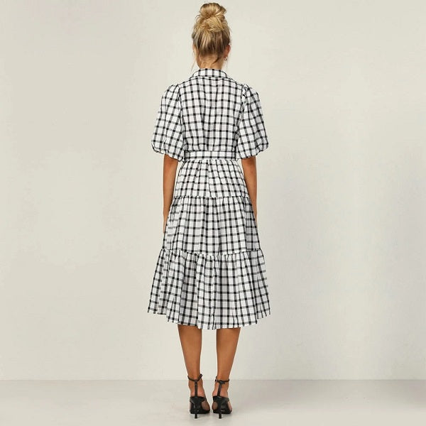Elegant High Waist Short Sleeve Midi Dress