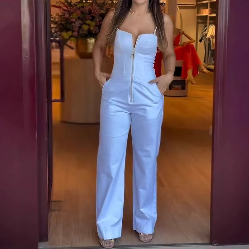 Elegant High Waist Sling Slim Office Style Long Pants Jumpsuit