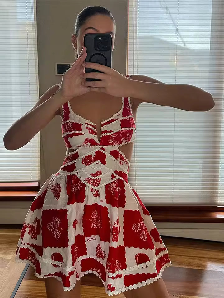Elegant High Waist Square Neck Robe Hollow Out Backless Patchwork Print Mini Dress