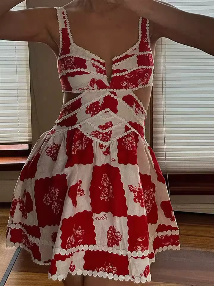 Elegant High Waist Square Neck Robe Hollow Out Backless Patchwork Print Mini Dress
