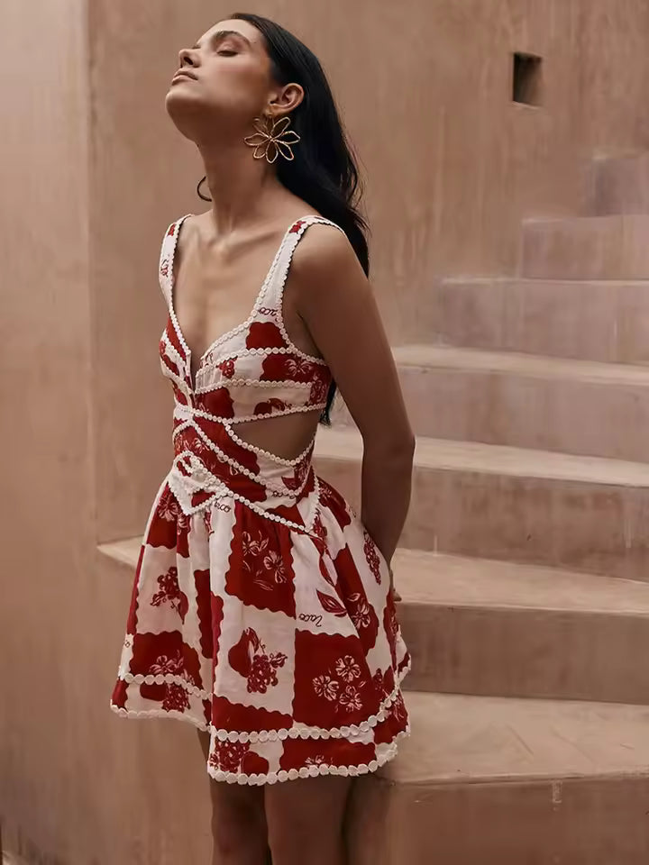 Elegant High Waist Square Neck Robe Hollow Out Backless Patchwork Print Mini Dress