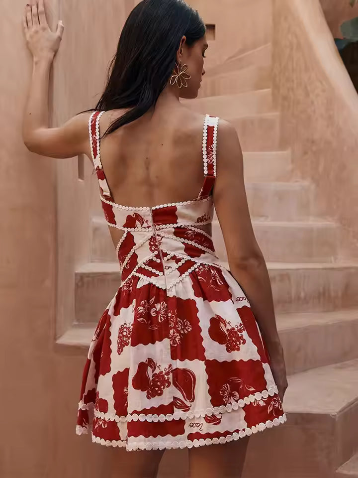 Elegant High Waist Square Neck Robe Hollow Out Backless Patchwork Print Mini Dress