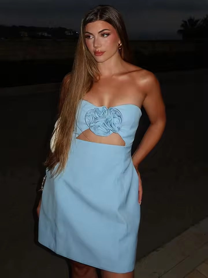 Elegant High Waist Strapless Flower Hollow Out Mini Dress