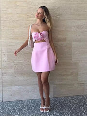 Elegant High Waist Strapless Flower Hollow Out Mini Dress
