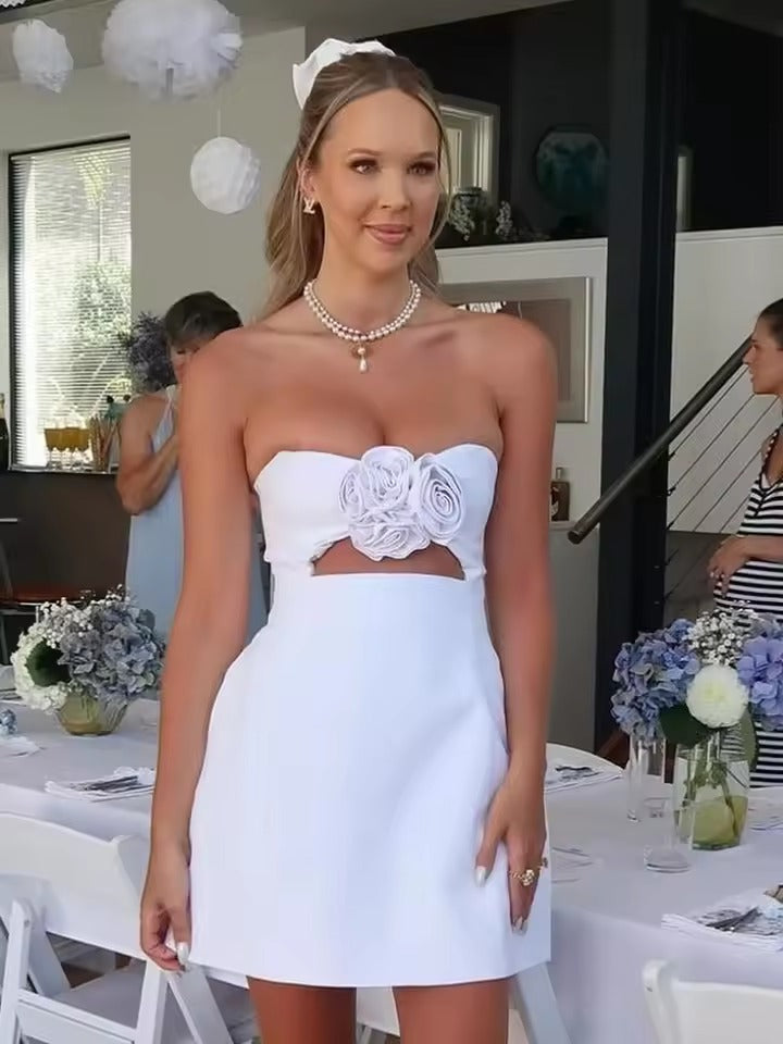 Elegant High Waist Strapless Flower Hollow Out Mini Dress