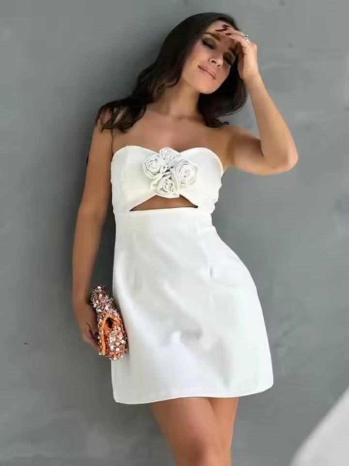 Elegant High Waist Strapless Flower Hollow Out Mini Dress