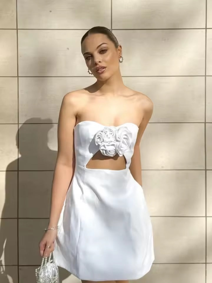 Elegant High Waist Strapless Flower Hollow Out Mini Dress