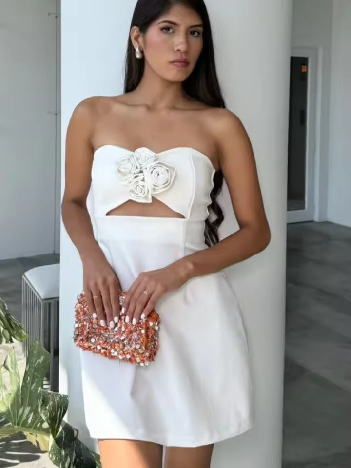 Elegant High Waist Strapless Flower Hollow Out Mini Dress