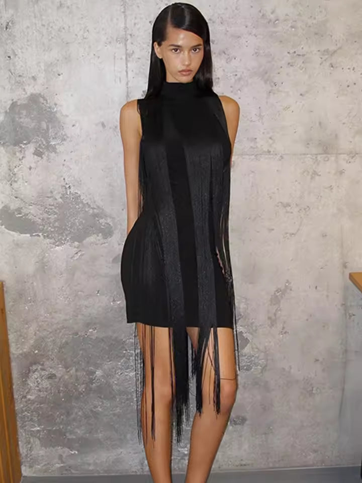 Elegant High Waist Turtleneck Patchwork Tassel Bodycon Mini Dress