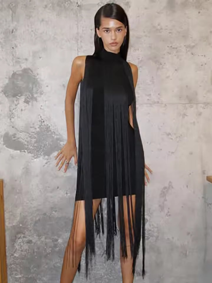 Elegant High Waist Turtleneck Patchwork Tassel Bodycon Mini Dress