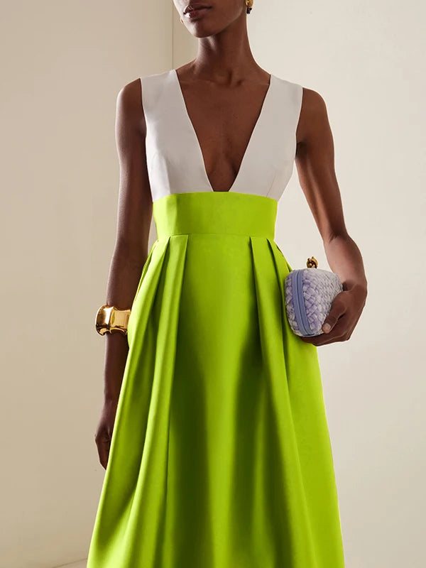 Elegant High Waisted Deep V-Neck Party Wedding Guest Evening Cocktail Maxi Dresses