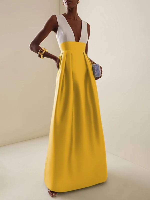 Elegant High Waisted Deep V-Neck Party Wedding Guest Evening Cocktail Maxi Dresses