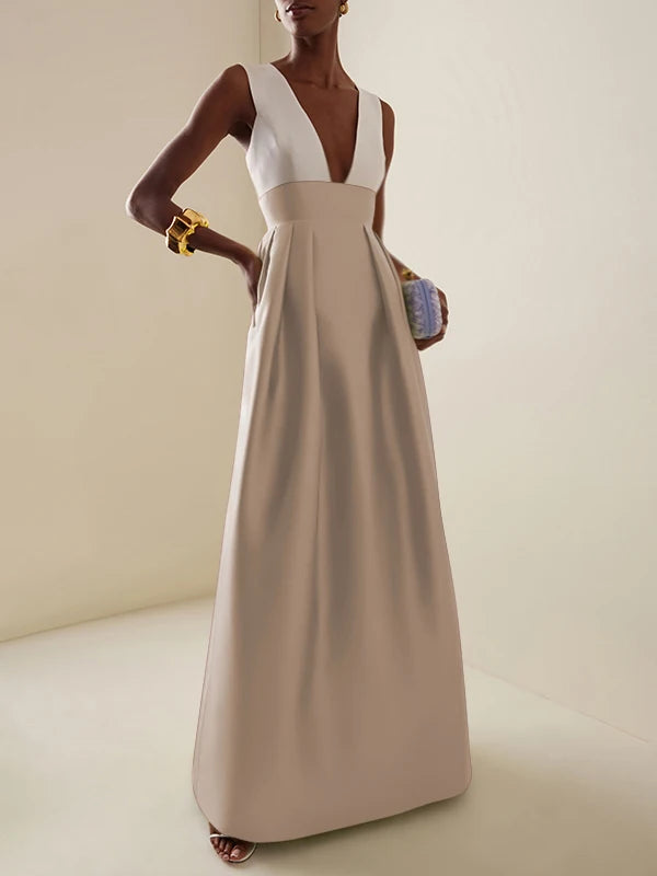 Elegant High Waisted Deep V-Neck Party Wedding Guest Evening Cocktail Maxi Dresses