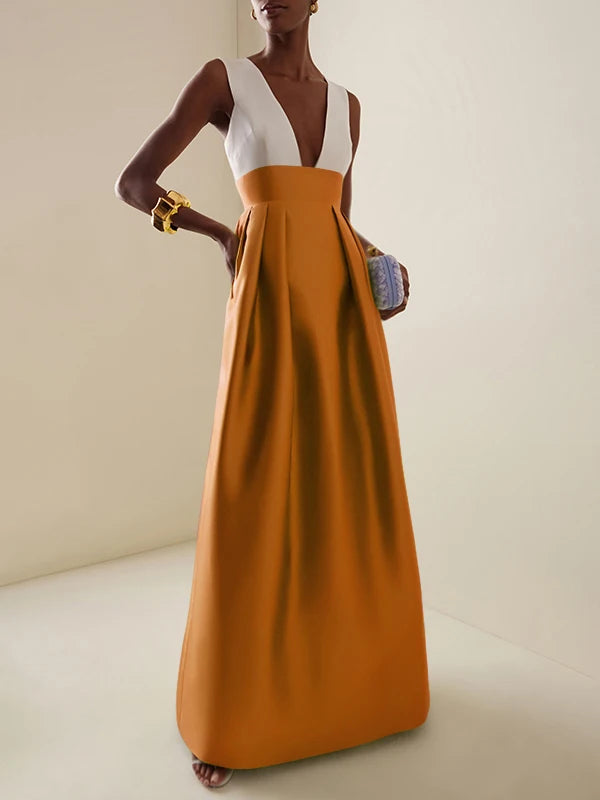 Elegant High Waisted Deep V-Neck Party Wedding Guest Evening Cocktail Maxi Dresses