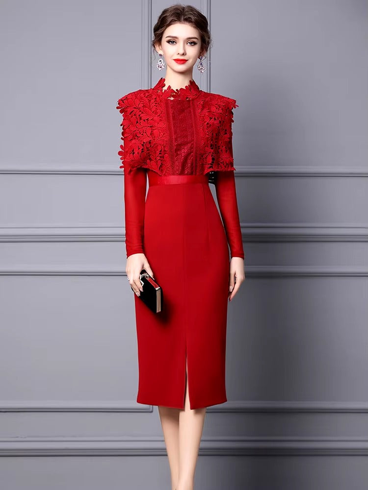 Elegant Hollow Lace Patchwork Party Mid-Calf Dress