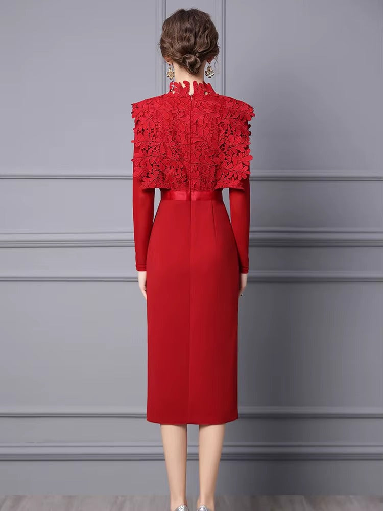 Elegant Hollow Lace Patchwork Party Mid-Calf Dress