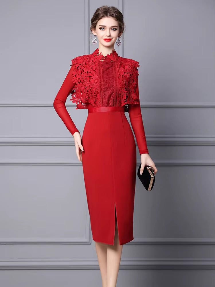 Elegant Hollow Lace Patchwork Party Mid-Calf Dress
