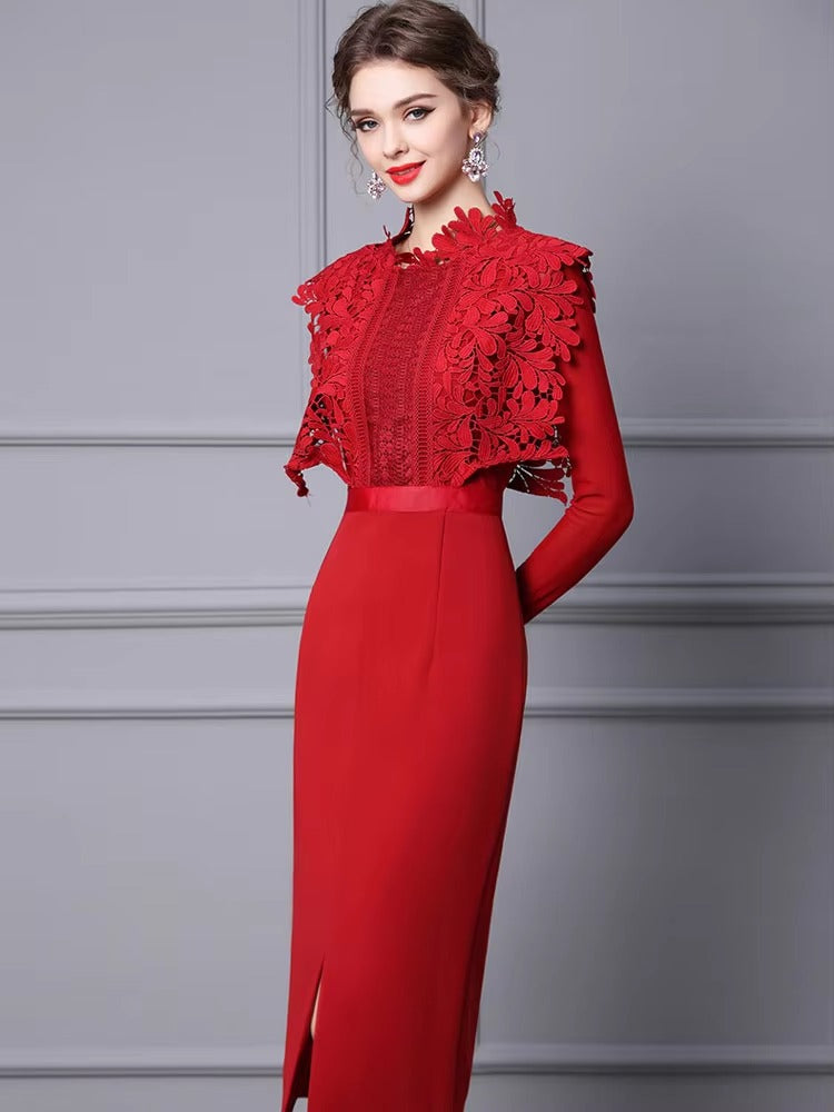 Elegant Hollow Lace Patchwork Party Mid-Calf Dress