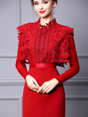 Elegant Hollow Lace Patchwork Party Mid-Calf Dress