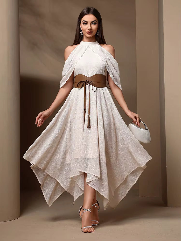 Elegant Hollow Out Asymmetrical Hem Halter Solid Mesh Midi Dresses