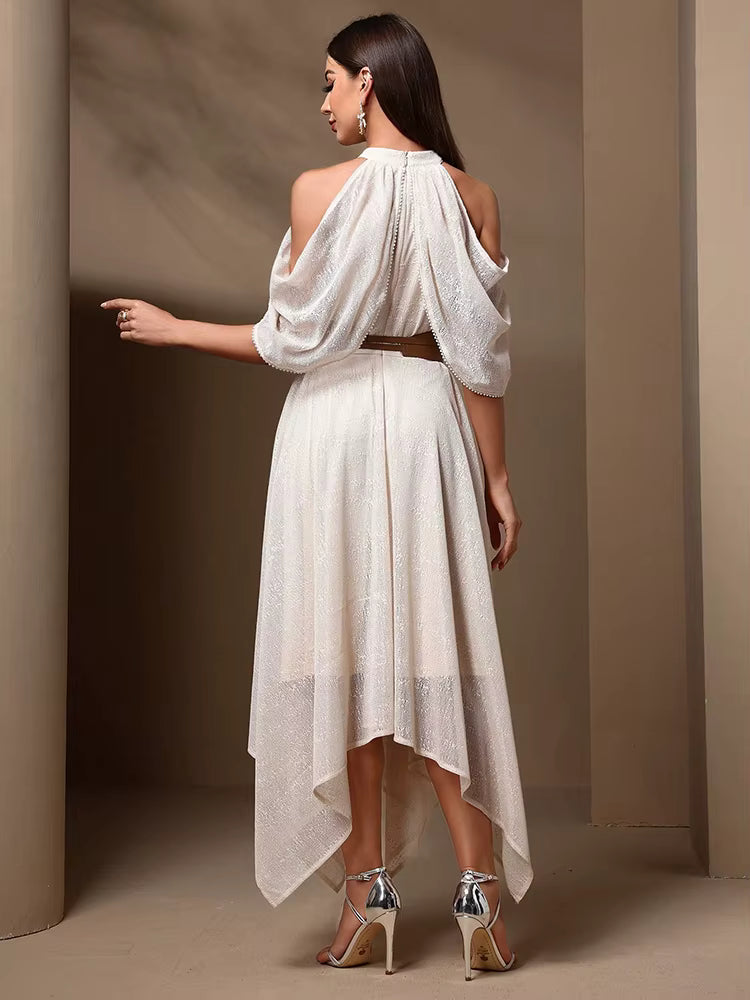 Elegant Hollow Out Asymmetrical Hem Halter Solid Mesh Midi Dresses