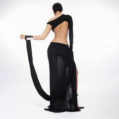 Elegant Hollow Out Backless Mesh High Slit Maxi Dress