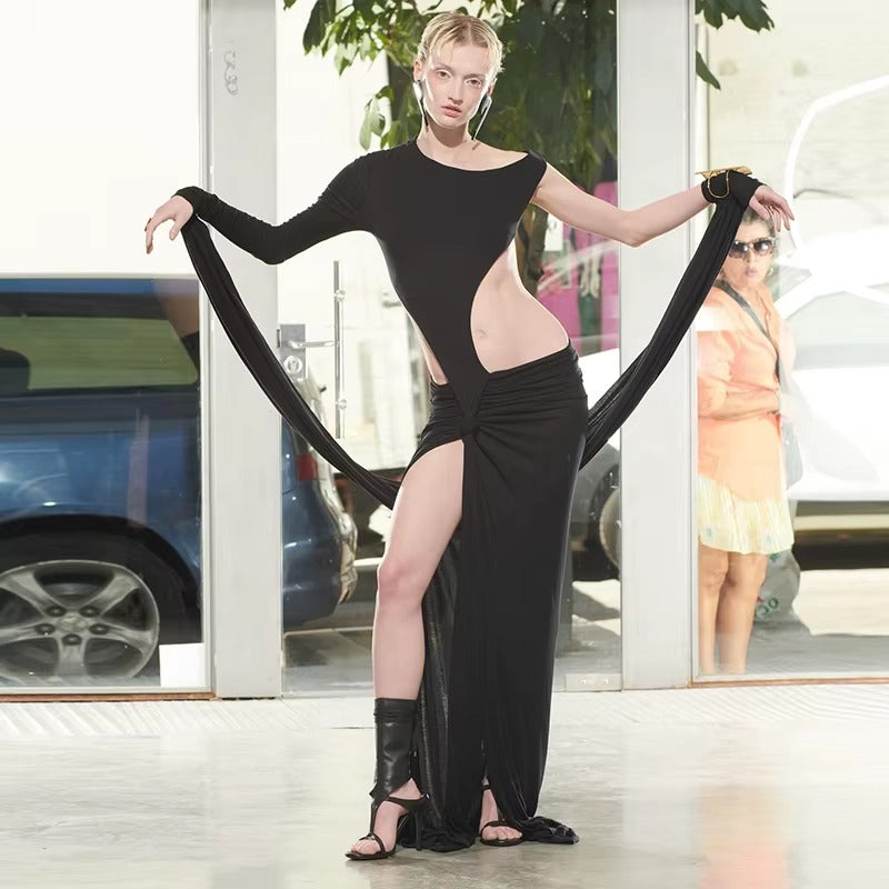 Elegant Hollow Out Backless Mesh High Slit Maxi Dress