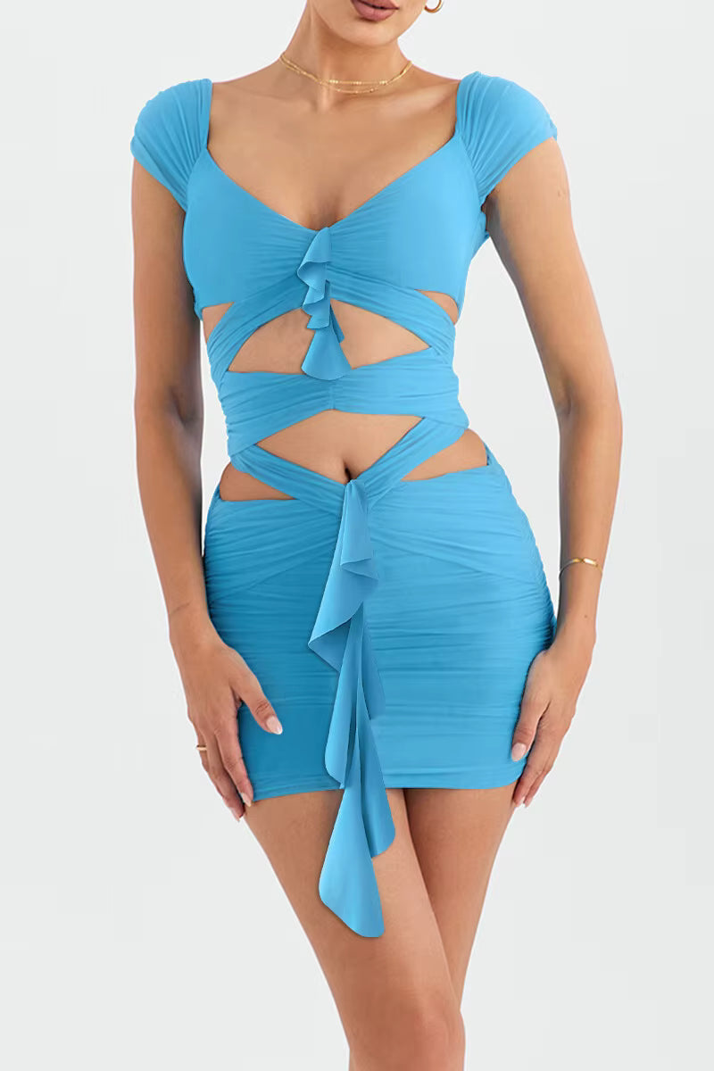Elegant Hollow Out Backless Solid Sleeveless Draped Club Party Mini Dress