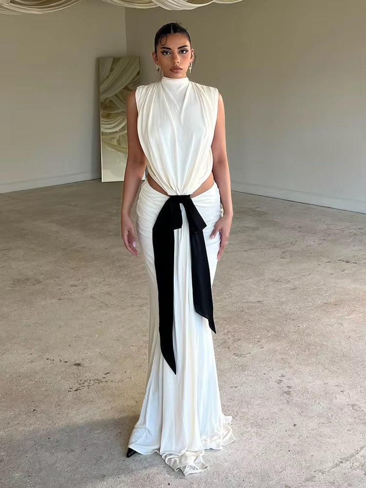 Elegant Hollow Out Bandage High Waist Sleeveless Maxi Dress