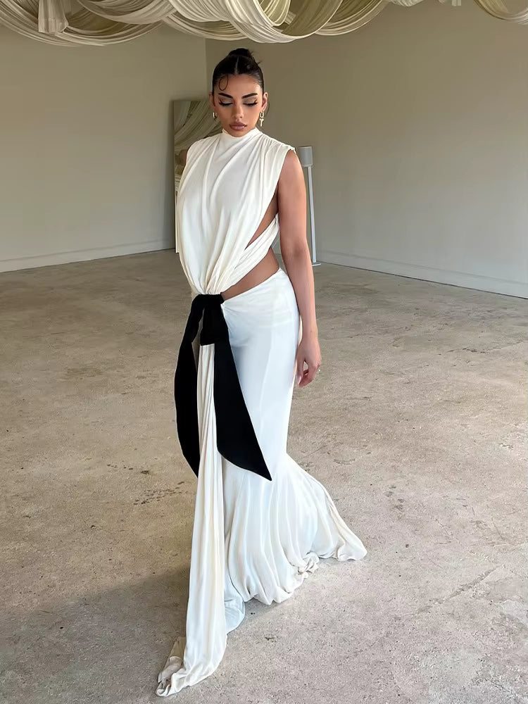 Elegant Hollow Out Bandage High Waist Sleeveless Maxi Dress