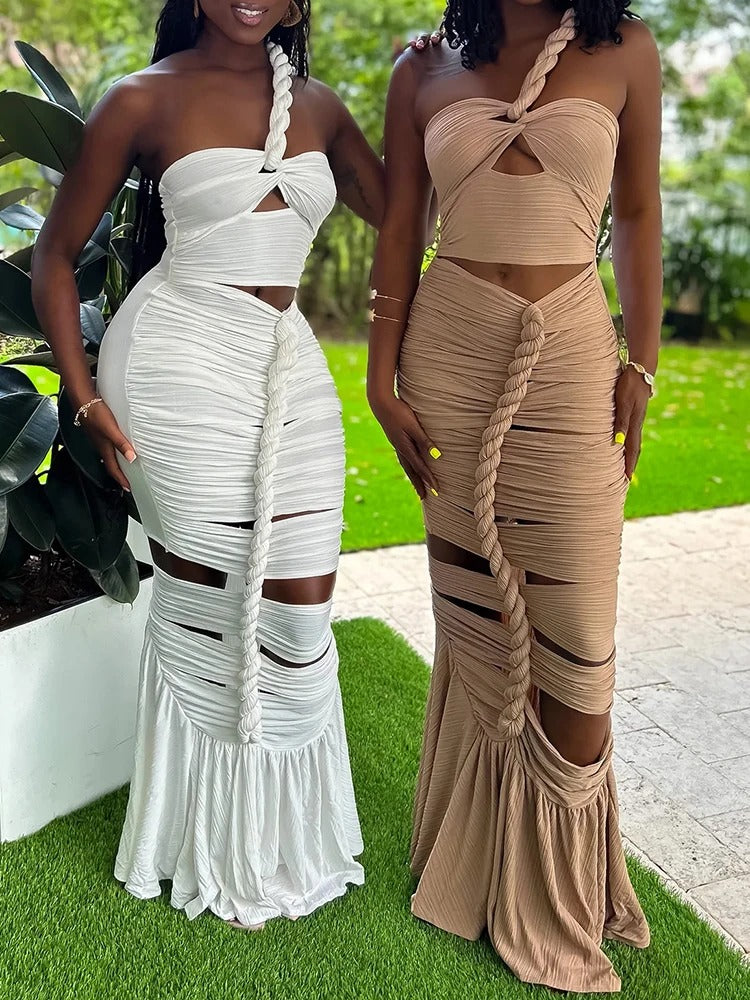 Elegant Hollow Out Diagonal Collar Sleeveless High Waist Off Shoulder Maxi Dress