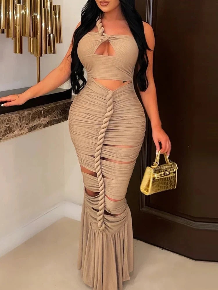 Elegant Hollow Out Diagonal Collar Sleeveless High Waist Off Shoulder Maxi Dress
