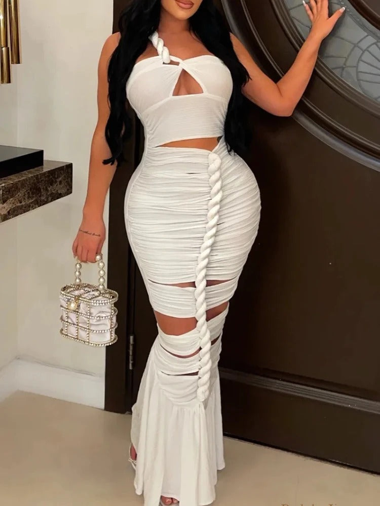 Elegant Hollow Out Diagonal Collar Sleeveless High Waist Off Shoulder Maxi Dress