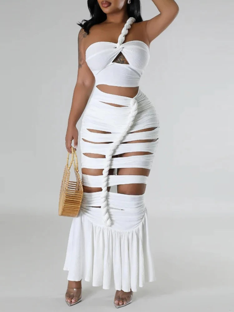 Elegant Hollow Out Diagonal Collar Sleeveless High Waist Off Shoulder Maxi Dress