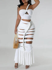 Elegant Hollow Out Diagonal Collar Sleeveless High Waist Off Shoulder Maxi Dress