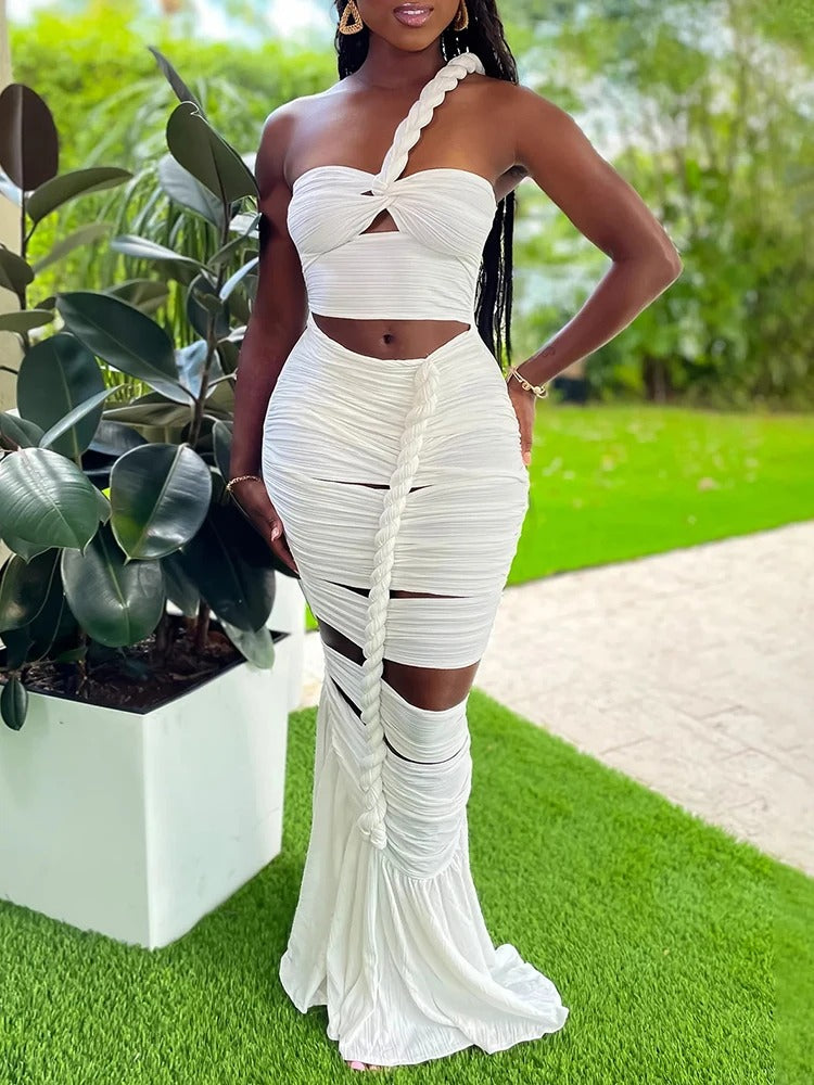 Elegant Hollow Out Diagonal Collar Sleeveless High Waist Off Shoulder Maxi Dress