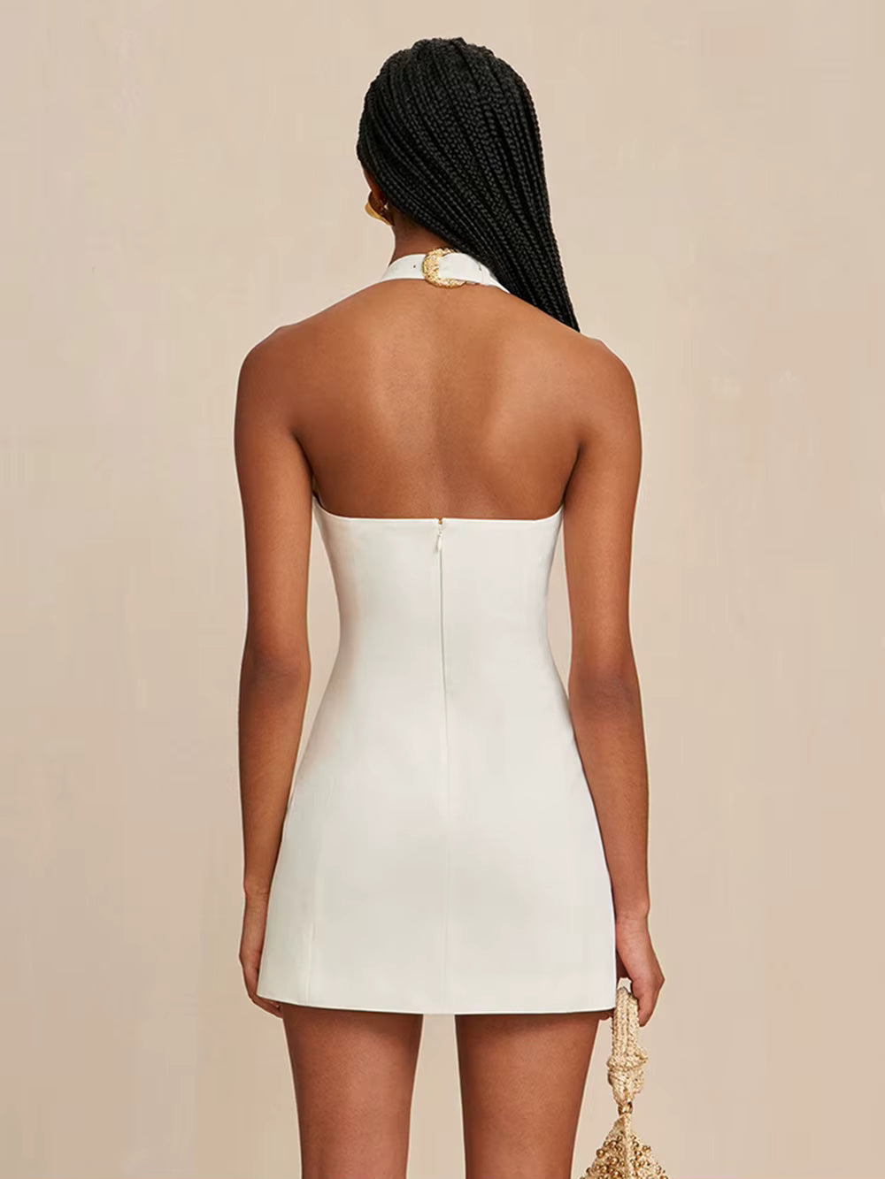 Elegant Hollow Out Diamond Metal Buckle Design Halter Mini Dress