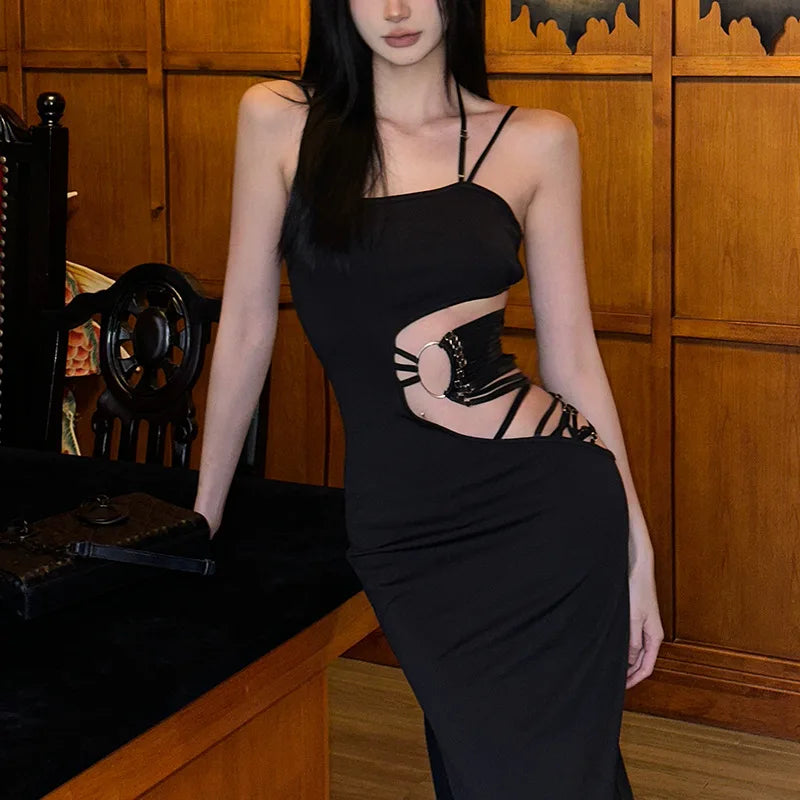 Elegant Hollow Out Gothic Aesthetic Sleeveless Evening Party Bodycon Dress
