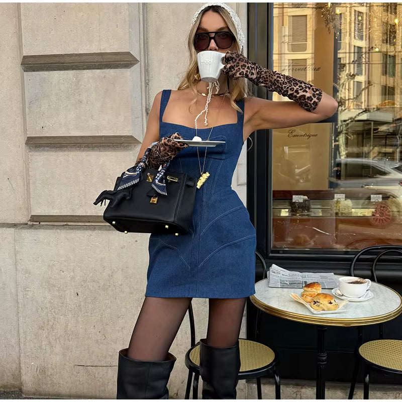 Casual Hollow Out Halter Cowboy Robe Sleeveless Denim Mini Dress