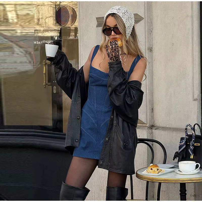 Casual Hollow Out Halter Cowboy Robe Sleeveless Denim Mini Dress