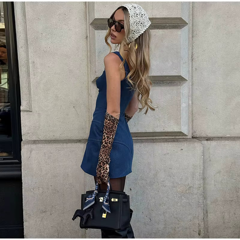 Casual Hollow Out Halter Cowboy Robe Sleeveless Denim Mini Dress