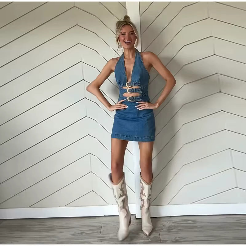 Luxury Hollow Out Halter Cowboy Robe Sleeveless Denim Mini Dress