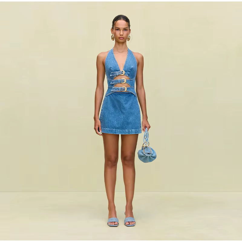 Luxury Hollow Out Halter Cowboy Robe Sleeveless Denim Mini Dress