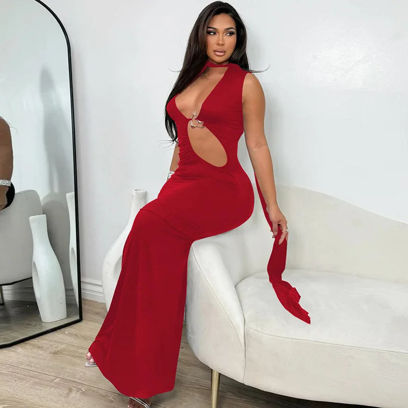 Elegant Hollow Out Halter Metal Decoration Sleeveless Slim Long Dress