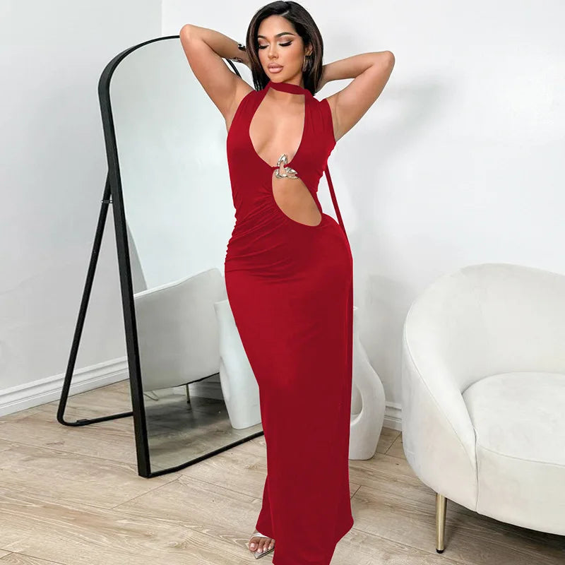 Elegant Hollow Out Halter Metal Decoration Sleeveless Slim Long Dress